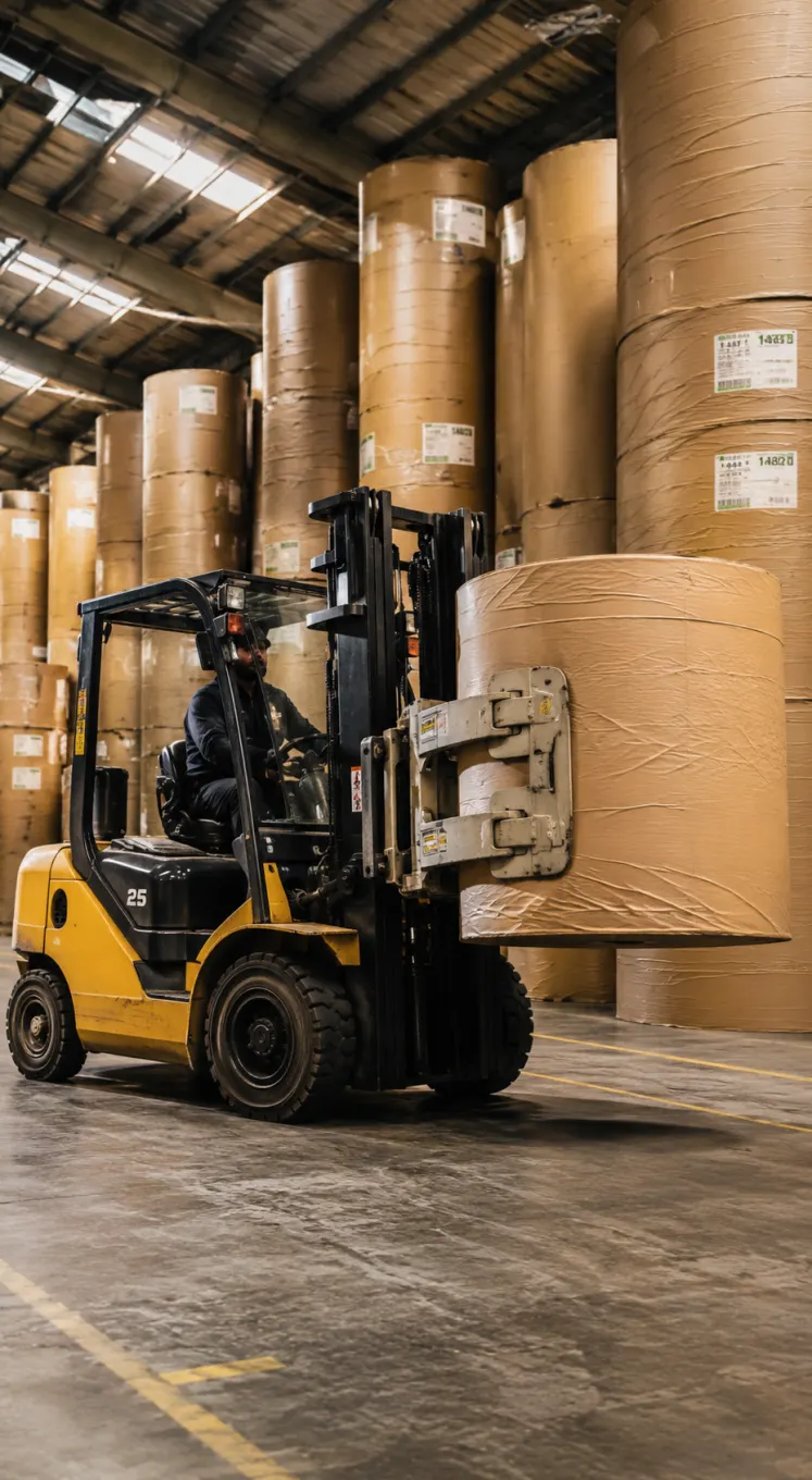 Chariot élévateur transportant une bobine de papier au dépôt Prodiconseil